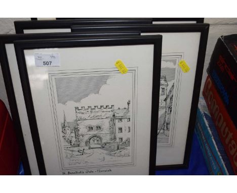 Quantity of six framed prints depicting Bishopsgate, Norwich, St Benedicts Gate, Norwich, Heigham Gate, Norwich, Ber Street G