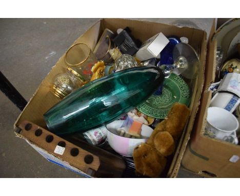 Mixed Lot: Large glass vase, assorted glass ware, ceramics, wooden pipe rack, ceramic chicken etc