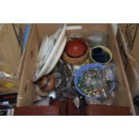 Mixed box to include cutlery, mixed china wares, glass wares, two bookends etc