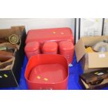 Quantity of kitchen wares, tins, bread bin, cake tin, sugar, tea and coffee tins etc