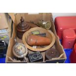Mixed Lot: Cutlery, silver plated teapot, old Brownie camera, two turned wooden tobacco jars and a