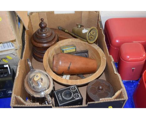 Mixed Lot: Cutlery, silver plated teapot, old Brownie camera, two turned wooden tobacco jars and a vintage brass car horn etc