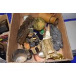 Box comprising various assorted items to include draughts set, small brass pestle and morter,