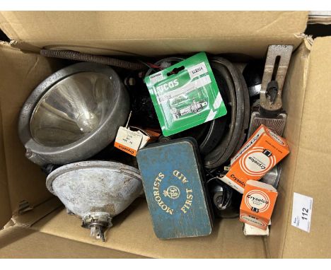 Mixed lot of various vintage car spares to include Cryselco bulbs, Stanley headlamps, RAC motorist first aid tin etc