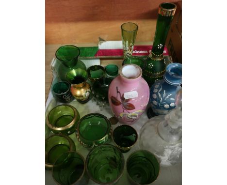 Selection of late Victorian and later glassware in one box including Mary Gregory style jug with decanter, various green glas