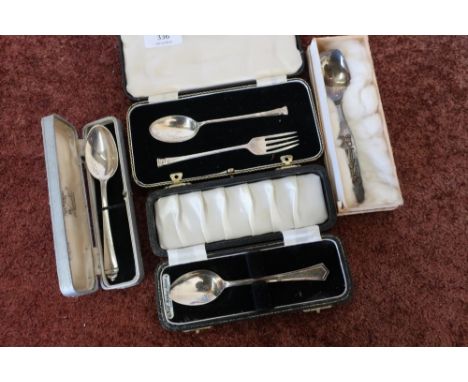 Cased Sheffield silver hallmarked spoon and fork set, another cased silver hallmarked spoon, two other cased hallmarked spoon