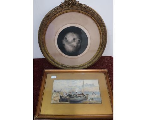 Circular gilt framed 19th C dog portrait print and a framed watercolour of beached boat in Whitby Harbour (2) 