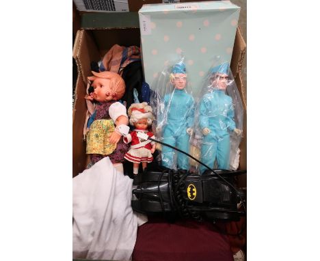 Two Thunderbirds figures Scott and Alan Tracy, a selection of dolls, a Batmobile telephone and a selection of linen 