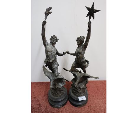 Pair of late 19th C French Spelter figures of 'La Nuit', and 'Le Jour' 