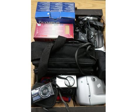 Selection of digital cameras, camcorders, a Polaroid Instamatic camera etc 