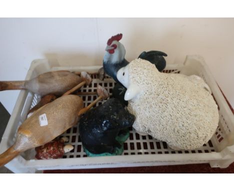 Two carved wooden figures of duck, large ceramic sheep, cockerel etc 