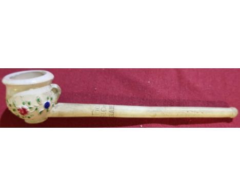 Late 19th C French clay pipe, the bowl in the form of a chamber pot with painted floral detail, the stem marked 'L.Fiolet a S