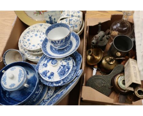 Large selection of blue &amp; white ceramics, brass ware, glass decanter, small wall mounted barometer etc in two boxes 