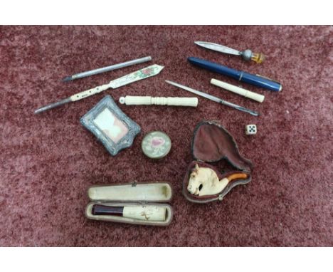 Late 19th C Stanhope in the form of a fountain pen, a Stanhope needle case, a silver hallmarked Scottish style bookmark set w