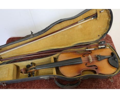 Cased violin with three assorted bows with Mother of Pearl inlay (one marked Germany) 