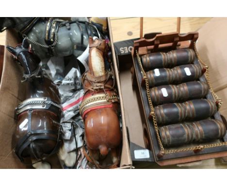 Three large ceramic heavy horses, and one wooden brewery cart (4) 