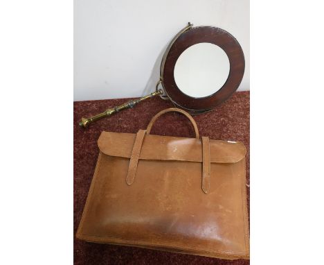 Brass framed adjustable height mirror (lacking base) and a leather satchel containing a quantity of various artists (unused) 