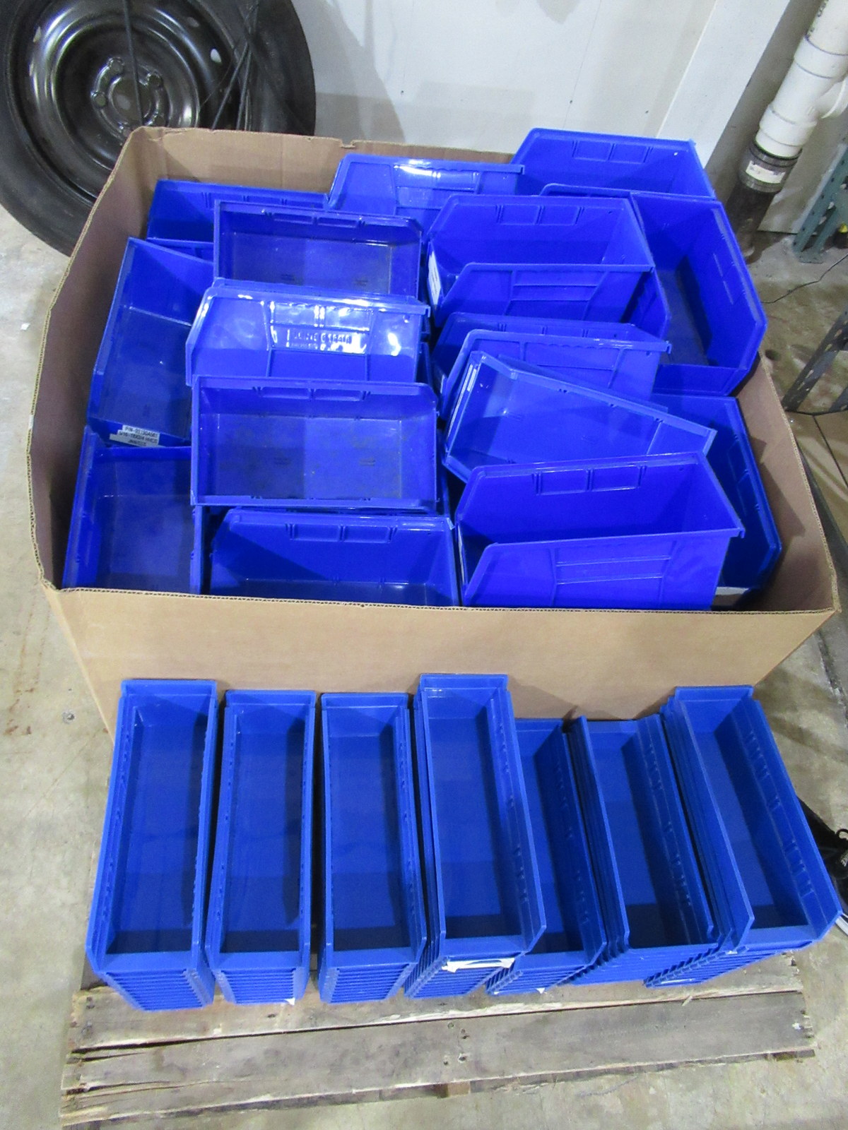 Large Lot of Uline Blue Plastic Bins in 2 Sizes