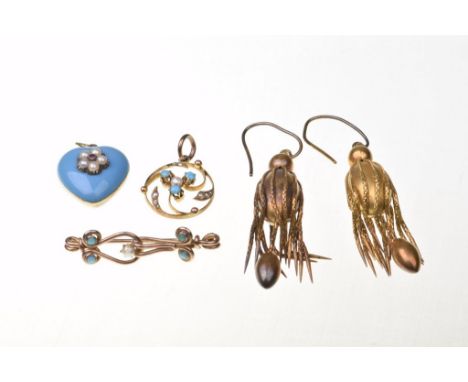 A Victorian gem-set and enamel sentimental pendantOf heart from, the seed pearl and red gem set forget-me-not flower to the l