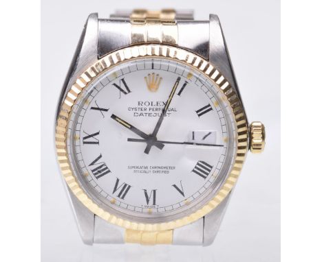 Rolex: An Oyster Perpetual date just automatic bi-coloured metal bracelet wristwatch, circa 1982The signed white dial with pr