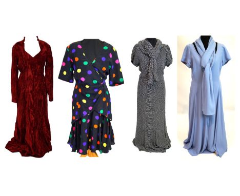 A collection of Caroline Charles ladies dressesTo include a pale blue full length dress with scarf neck detail,  a red velvet