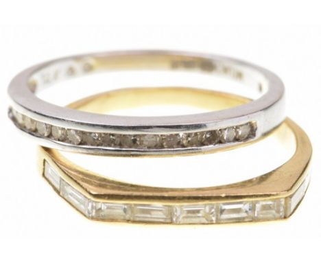 Two diamond half hoop eternity ringsThe first, set with round brilliant-cut diamond channel set, to a 9ct white gold mount, r