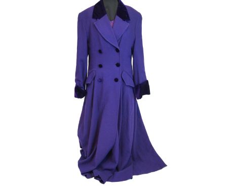 A Caroline Charles three piece suit Comprising purple pencil skirt, blouse and matching floor length dress coat with velvet c