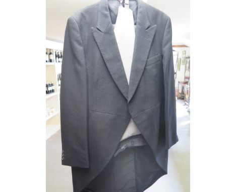 A Moss Bros Pure New Wool Mourning suit - jacket 42" chest waistcoat and trousers 36" waist, 29" leg with grey top hat size 7