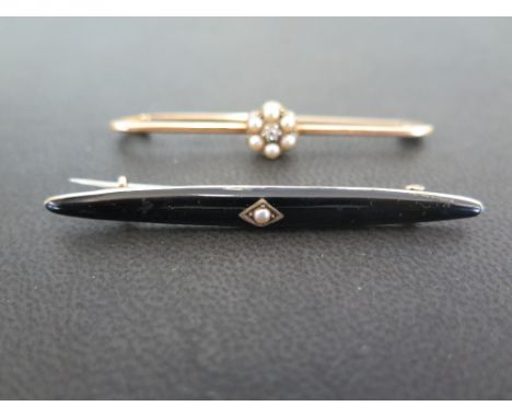 A diamond and seed pearl cluster bar brooch - Tests as 9ct gold - Length 5cms - Weight approx 3.0gms - Together with a 9ct go