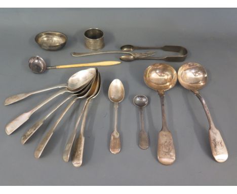 Assorted silver flatware - including a pair of ladles London 1875/76 - maker S W, an ivory handled Victorian silver ladle, sp