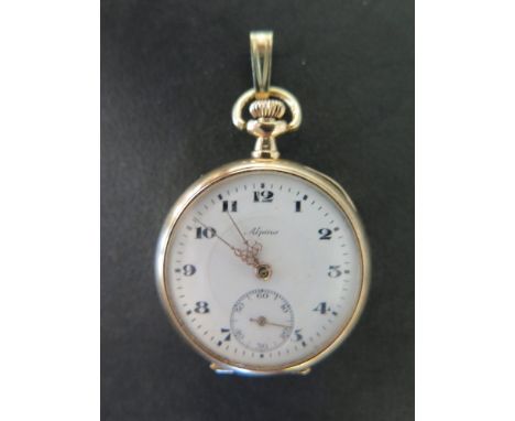 A Ladies 14 ct Alpine gold fob watch - full Swiss hallmarks and stamp 585 inside back of case, dust cover base metal - watch 