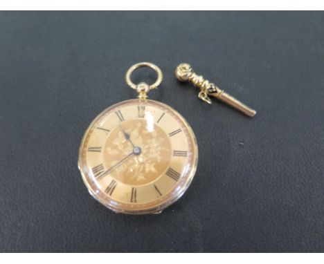 A ladies fob watch - With black Roman numerals to the foliate dial and back case - Stamped 18K - Length 4.7cms - Together wit