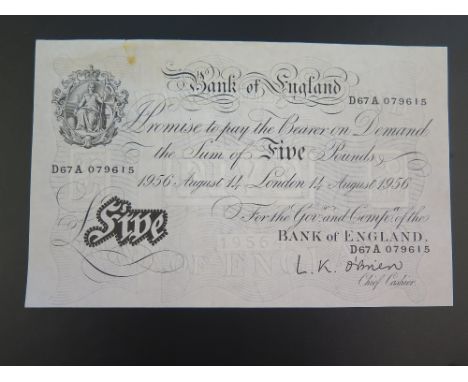 A collection of nineteen Banknotes - including a white £5 note - L K O'Brien 14 th August 1956
Condition report: Staining to 