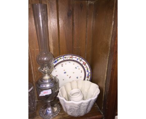 PLATED OIL LAMP, JELLY MOULD, SMALL POT AND A SEVRES STYLE PLATECONDITION OF PLATE: MINOR LOSS TO DECORATION, MINOR IMPERFECT