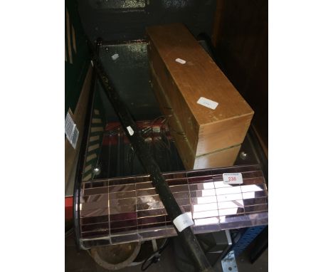 MIRROR, 35MM SLIDE BOX & A WALKING STICK