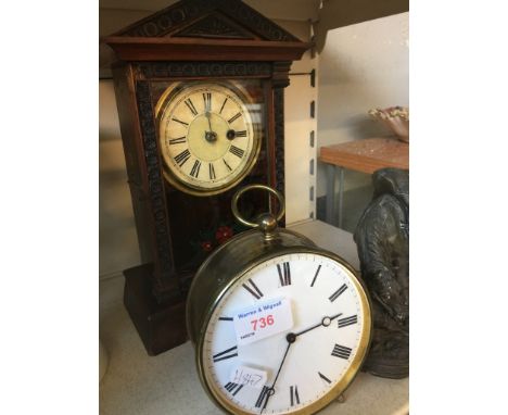 ROUND BRASS CLOCK AND A WOODEN CLOCK