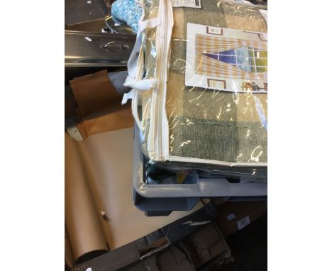 BOX OF LEATHER OFFCUTS AND BOX OF METERIAL INC CURTAINS