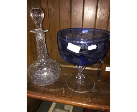 ETCHED BLUE GLASS BOWL AND A DECANTER - BOTH CHIPPED