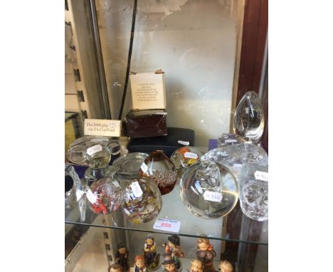 SHELF OF GLASS PAPERWEIGHTS AND BOXED ITEMS   C