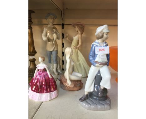 LLADRO FIGURE, NAO FIGURE, ANOTHER AND TWO COALPORT LADIES