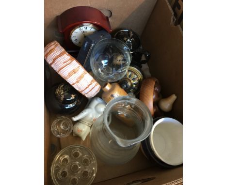 BOX WITH CLOCK, WOOD ITEMS, POTTERY    T2
