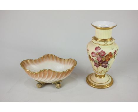A Royal Worcester porcelain baluster vase with hand painted floral design, 14cm high, together with a shell shaped dish, also