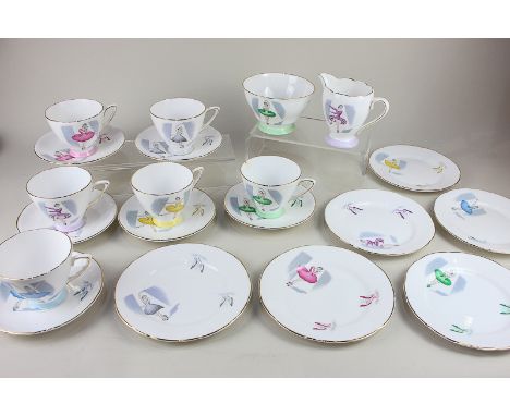 A Royal Stafford bone china 'Ballet' part tea service, decorated with polychrome ballerinas and ballet shoes, on white ground