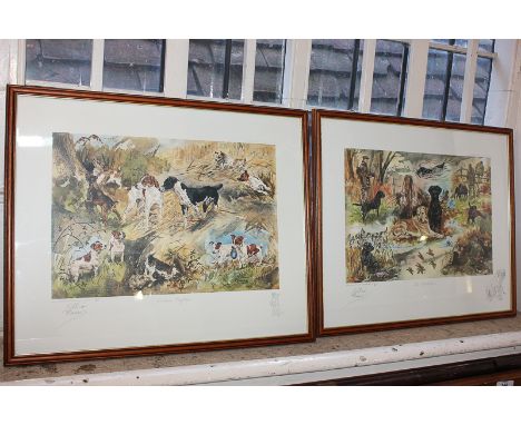 After Gillian Harris, terriers and labradors in countryside scenes, 'Workers' Playtime' and 'Job Satisfaction', two limited e