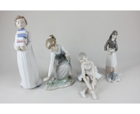 A Lladro porcelain figure of a girl picking flowers, a Nao figure of a ballet dancer, a Nao figure of a boy with books, and a