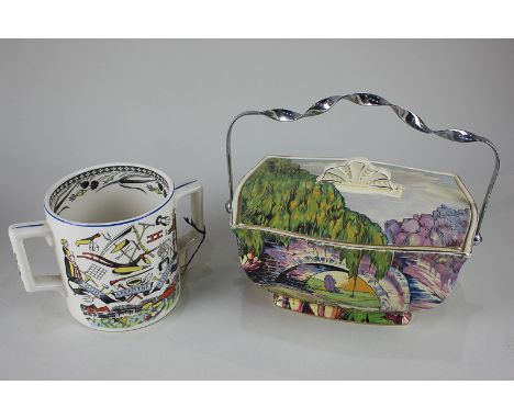 A 'God Speed the Plough' two-handled cup with inscription and verse, decorated in colours with farming tools, together with a