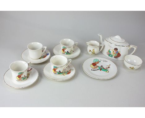 A 1930's children's porcelain part tea service decorated with children in various pursuits, to include 'Dollies Bedtime', 'He