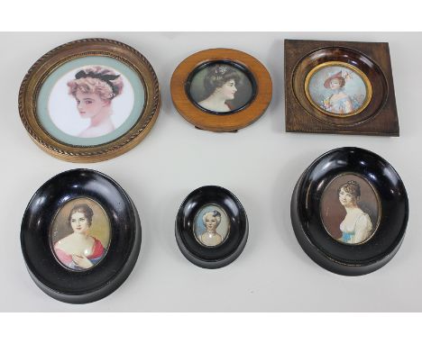 Ida Calzolari (b.1936), three portrait miniatures of women in 18th century style, within black oval frames, together with a p