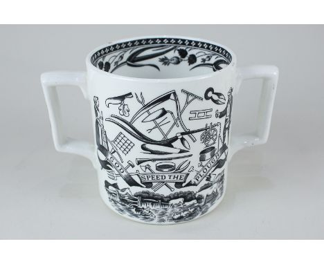 A 'God Speed the Plough' two-handled cup with inscription and verse, decorated with farming tools