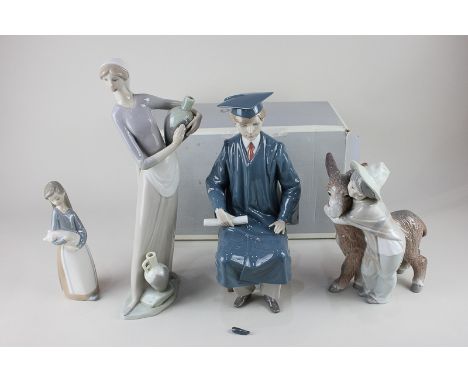 Four Lladro porcelain figures including boy with donkey, girl with pig, lady with vase, and the boy graduate with box (a/f)